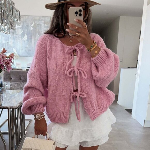 Pink Fuzzy Knit Tie Front Cropped Sweater - Picture 2 of 2